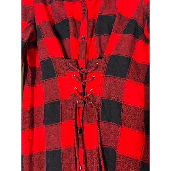 Express Red Black Buffalo Plaid Corset Style Flannel Top Womens XS Grunge Goth - Picture 2 of 8